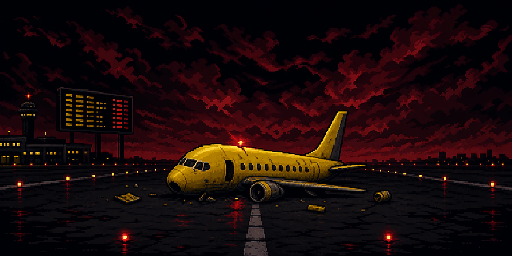 Avión amarillo varado en una pista, ilustrado en pixel art